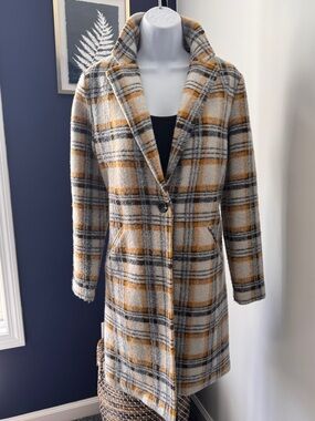 Cynthia Rowley wool blend gold, white and charcoal 3/4 length jacket. Size Small
